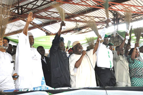 Lagos State Governor, Mr. Babatunde Fashola SAN (3rd right), his counterpart from Edo State, Comrade Adams Oshiomole (2nd right), the Deputy Governor, Lagos State, Princess Adebisi Sarah Sosan (right), National Chairman, Action Congress of Nigeria, Chief Bisi Akande (middle), former Governor, Lagos State, Asiwaju Bola Ahmed Tinubu (3rd left), National Secretary, Action Congress of Nigeria (ACN), Dr Usman Bugaje (2nd left) and former Governor of Anambra State, Dr Chris Ngige (left), during the National Convention of the party at the Blue Roof Hall, Lagos Television Ground, Lateef Jakande Road, Agidingbi, Ikeja, Lagos on Monday August 9, 2010.