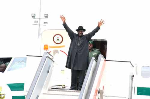 President Goodluck Jonathan  acknowledging cheers from the crowd yesterday.