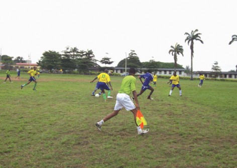 Players of Osun NYSC and their counterparts from Kwara State trade tackles in a football match during the Zonal Sports Festival held in Lagos.