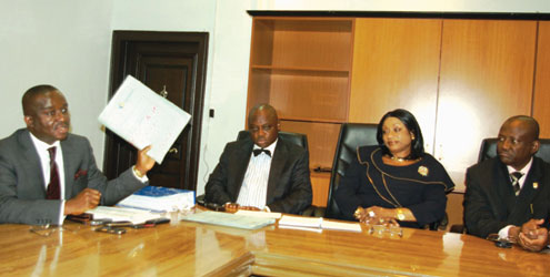 L-R: Head of Legal Services, Mr. Vincent Dike, Spring Bank Nigeria Plc. Lawyer, Dr. Joseph Nwosike (SAN), Group Managing Director/CEO, Spring Bank Mrs. Sola Ayodele and the bankâ€™s Executive Director, Business Development Northern Region, Dr. Kabir Ahmed, during the bankâ€™s press briefing, held at itâ€™s corporate headquarters, Victoria Island, Lagos, Nigeria, yesterday.