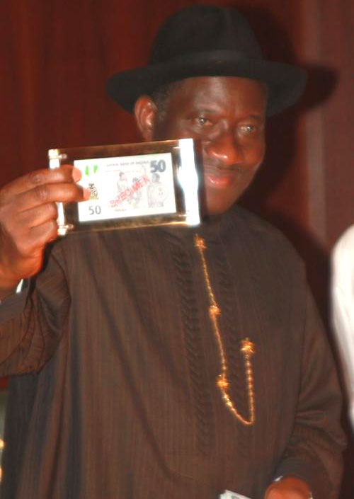 President Goodluck Jonathan officially launching the polymer N50 note to commemorate the nation’s Golden Jubilee Celebrations during the weekly meeting of the Federal Executive Council at the State House, Abuja.