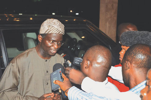 Lagos State Governor, Mr. Babatunde Fashola (SAN) responding to a question from Airport Correspondents on the Kuramo Conference, an initiative of the Lagos State Government in collaboration with the private sector, at the Presidential Lounge of the Local wing of the Murtala Muhammed International Airport (MMIA) Ikeja on his arrival from an official trip to Abuja, yesterday.