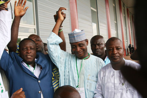 The new NFF President, Alhaji Aminu Maigari (middle) with his associates after the controversial elections held in Abuja in August this year. Photos: Femi Ipaye, Abuja.