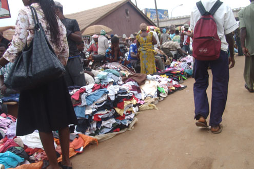 Second-hand clothes on display in a popular market in Lagos.