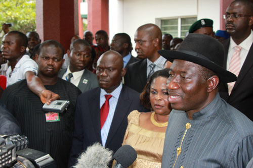 President Goodluck Jonathan and Dame Patience Jonathan after visiting victim of Friday’s Abuja Bomb Blast at the Intensive Care Unit, National Hospital, Abuja. 02/10/2010.