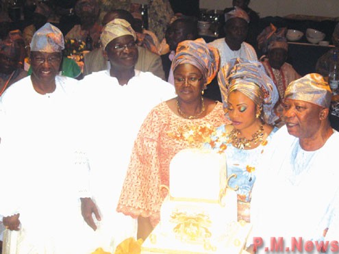 L-R: Gov Gbenga Daniel, Gov. Babatunde Raji Fashola and wife, during the 75th birthday celebration of Chief Kesington Adebutu at the weekend, in Lagos.