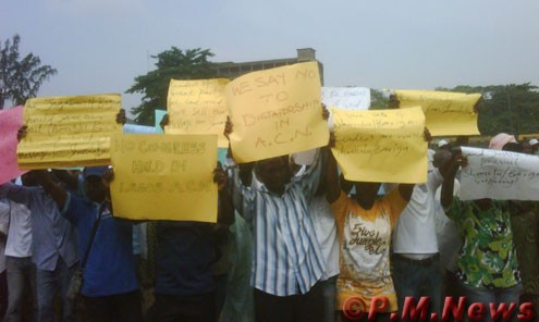 A cross section of the ACN protesters yesterday at ACN secretariat, Acme Road, Ogba, Lagos