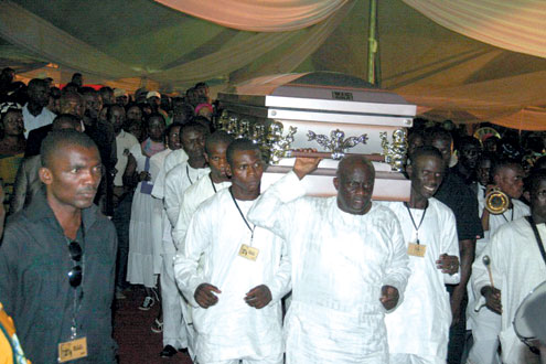 The remains of Clara Oshiomhole being taken away by MIC pall bearers. PHOTOS: OLATUNJI OBASA