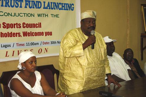 (L-R) : Mrs. Enechi, the Lagos Sports Commissioner, Prince Adeniji-Adele, Sports Council boss, Agboola Dabiri and former Lagos SWAN Chairman, Frank Ilaboya at the launching of the Trust Fund for the Late Enechi at the National Stadium in Surulere, Lagos, Nigeria on Tuesday. PHOTO: Emmanuel Osodi.