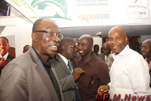 L-R: Director General of National Sports Commission, NSC,  Dr. Patrick Ekeji, Coach Samson Siasia and former Lagos FA chairman, Waheed Akanni at the Nigerian International Football Expo 2010 held at the Sheraton Hotels in Lagos, Nigeria yesterday. Photo: Emmanuel Osodi.