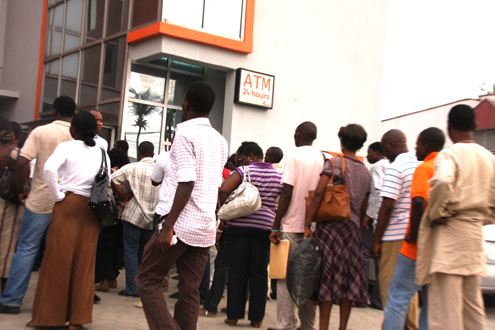 Customers at GTB Ojodu Berger branch in Lagos this morning. PHOTO: Emmanuel Osodi.