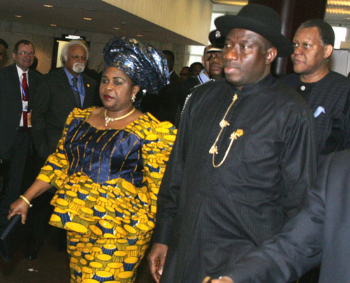 PRESIDENT GOODLUCK JONATHAN, HIS WIFE PATIENCE AND MINISTER OF FOREIGN AFFAIRS, MR. ODEIN AJUMOGOBIA ARRIVING FOR THE OPENING CEREMONY TODAY SUNDAY.