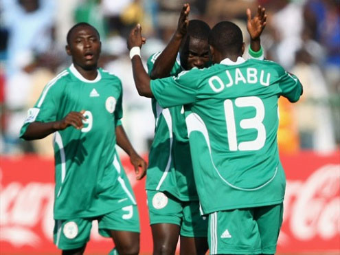 Flying Eagles' Ojabu celebrates with teammates in a recent match.