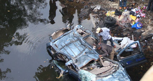 The wrecked car inside the river.