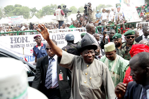 President Goodluck Jonathan and his vice, Arc. Namadi Sambo arriving for the flagg-off.