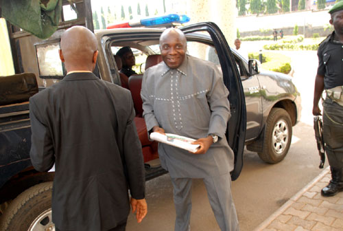 ACN Governorship candidate in Akwa/Ibom State Senator James Akpanudoedehen in Abuja Federal High court premises yesterday over the recent political crisiss in the State.
