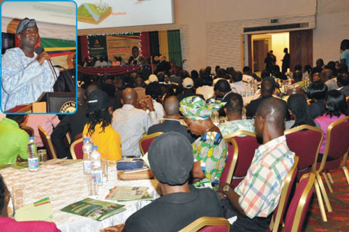 A cross section of the audience during the formal commissioning of Digital Mapping / Geographic Information System Project by the Governor of Lagos State, Mr. Babatunde Fashola (SAN) at the Eko Hotel and Suites, Victoria Island, Lagos on Monday, March 7, 2011. INSET: Lagos State Governor, Mr. Babatunde Fashola SAN (left) addressing the audience at the venue.