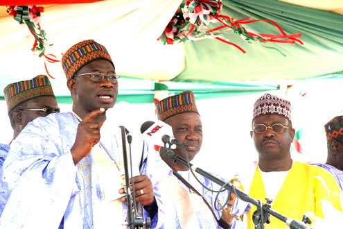 President Goodluck Jonathan addressing a rally in Damaturu, Yobe State, yesterday. With him are Vice President, Namadi Sambo and former speaker of House of Representatives, Ghali Naâ€™Aba. Jonathan also held his campaign rally today in Lagos.