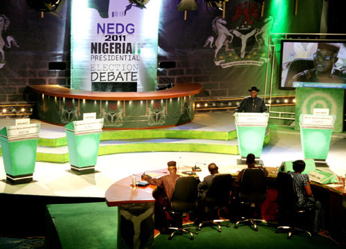 PRESIDENT GOODLUCK JONATHAN ANSWERING QUESTIONS FROM THE DEBATE PANEL WITH OTHER CANDIDATES ABSENT FROM THE DEBATE.
