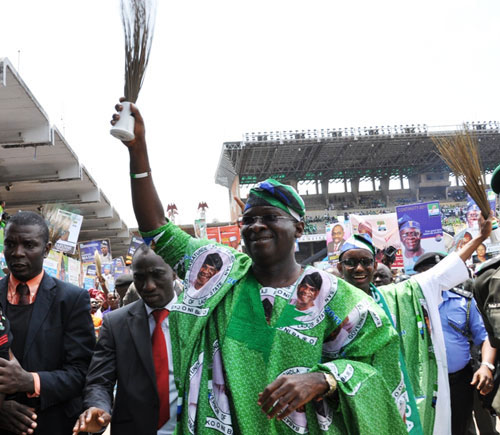 Lagos State Governor, Mr. Babatunde Fashola (SAN) with the Action Congress of Nigeria (ACN) Presidential Candidate, Mallam Nuhu Ribadu acknowledging cheers from the party supporters during a rally to flag-off of the Governorship campaign rally of the party with the theme: â€œContinuity of Excellenceâ€ at the Tafawa Balewa Square, Lagos, on Saturday March 5, 2011.