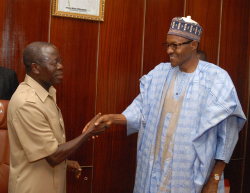 Governor Adams Oshiomhole of Edo State (left) and Alhaji Muhammadu Buhari, Presidential candidate of the Congress for Progressive Change (CPC) during the latter’s visit to the Governor in Benin City, yesterday, as part of his nationwide campaign.