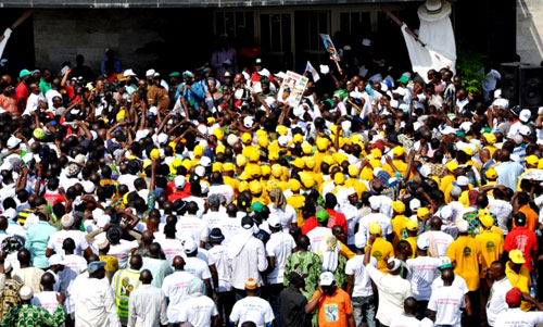 Lagos State Governor, Mr. Babatunde Fashola SAN with the National Union of Road Transport Workers (NURTW) and other transport workers in the State during a Solidarity walk from Tafawa Balewa Square which terminated at the State House, Ikeja to endorse Governor Fashola for second Term on Saturday, March 19, 2011.