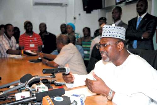 INEC Chairman, Professor Attahiru Jega at a press conference in Abuja.