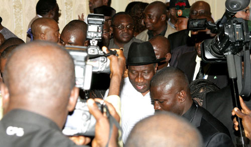 President Goodluck Jonathan and his wife, Patience AMONG SOME  supporters  at Aso Villa today.