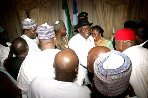 PRESIDENT GOODLUCK JONATHAN, HIS WIFE PATIENCE AND HIS RUNNING MATE, ARC. NAMADI SAMBO WITH PARTY SUPPORTERS AFTER THE DECLARATION BY INEC.