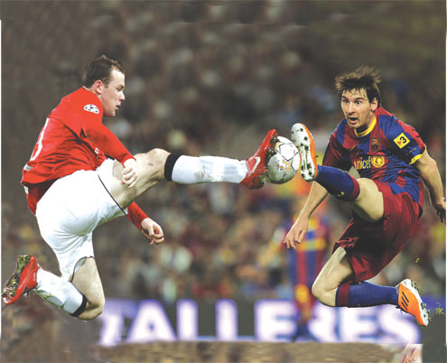 Wayne Rooney of Man United (left) and Lionel Messi of Barcelona will clash in tomorrow’s final at Wembley Stadium.