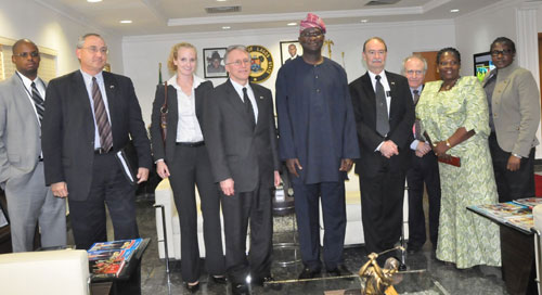 Lagos State Governor, Mr. Babatunde Fashola SAN (middle) in a group photograph with the United States Ambassador to Nigeria, Ambassador Terence P. McCulley (4th left, the United States Consul-General, Lagos, Mr. Joseph D. Stafford (4th right) and management team of the Embassy during a courtesy call on the Governor at the State House Ikeja, on Friday, May 27, 2011.