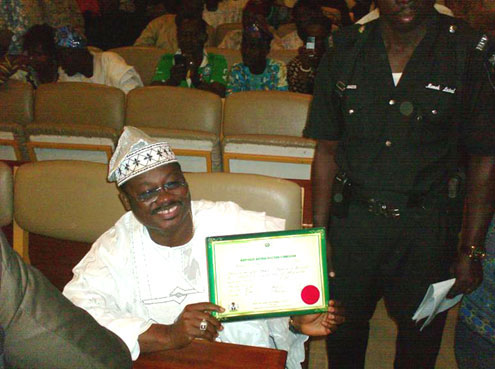 Governor-Election of Oyo State, Senator Abiola Isiaka Ajimobi receives certificate of return.