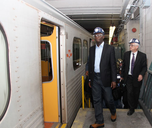 Lagos State Governor, Mr. Babatunde Fashola SAN (left) inspecting the trains and facilities to be used by operators of the Lagos Light Rail System from Okokomaiko to Marina in Canada on Thursday, May 12, 2011. With him are the Manager, Eko Rail Company Limited, Mr. Michael Schabas (right) and other project team members.