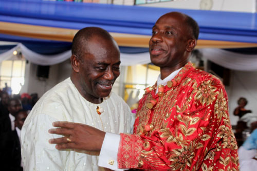 Governor of Rivers State, Rt. Hon. Chibuike Rotimi Amaechi embracing Dr Peter Odili, former Governor of Rivers State during the thanksgiving service to mark his swearing-in ceremony held at the Corpus Christi Cathedral in Port Harcourt.