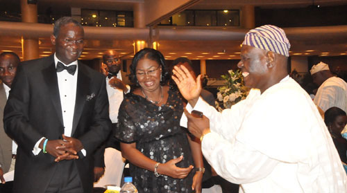 Lagos State Governor, Mr. Babatunde Fashola SAN (left), First Lady of Lagos State, Dame Emmanuella Abimbola Fashola (middle) and the National Chairman, Action Congress of Nigeria (ACN), Chief Bisi Akande  (right) during the Inaugural Ball in honour of the Governor for his second term in office at Eko Hotel & Suites, Victoria Island Lagos, on Sunday May 29, 2011.