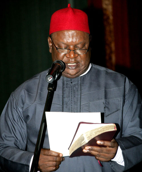 NEW SGF, ANYIM PIUS ANYIM TAKING OATH OF OFFICE DURING HIS SWEARING IN TODAY IN ABUJA.
