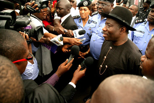 PRESIDENT GOODLUCK JONATHAN ADDRESSING THE NEWSMEN AFTER HIS VISIT TO THE SITE OF THE BLAST.