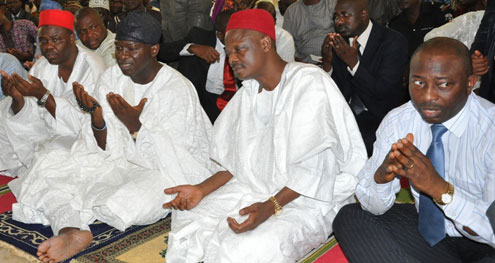Lagos State Governor, Mr. Babatunde Fashola SAN (2nd left), with his Kano State counterpart, Dr Rabiu Musa Kwankwaso (2nd right), Permanent Secretary, Ministry of Justice, Mr. Lawal Pedro SAN (right) and Secretary to the State Government, Kano State, Alhaji Sulaiman Bichi  during  a Special Jumat prayer session at Secretariat Mosque Alausa Ikeja, on Friday, June 10, 2011.