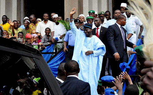 Lagos State Governor, Mr. Babatunde Fashola (SAN) acknowledging cheers from the crowd after the Special Jumat Prayer and Thanksgiving to mark the beginning of Governorâ€™s second term in office at the Central Mosque Lagos, on Friday, June 3, 2011.
