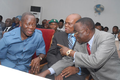 From left: Governor Adams Oshiomhole of Edo State, Hon Justice Cromwell Idahosa Chief Judge of Edo State and Hon Justice Olubor, President of Edo State Customary Court of Appeal  at the swearing-in of Dr Simon Imuekemhe as the new Secretary to Edo State Government (SSG) in Benin City, yesterday.