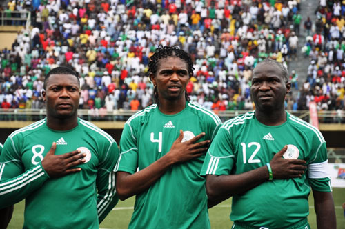 Lagos State Governor and Captain of the Super Eagles All-Stars Team, Mr. Babatunde Fashola SAN (right), Nwankwo Kanu (middle), and Yakubu Ayegbeni (left), during the testimonial game between â€œFriends of Kanuâ€ and â€œSuper Eagles All-Stars â€œ to mark the end of  Nwankwo Kanuâ€™s international football  career at the Teslim Balogun Stadium, Surulere, Lagos on Saturday June 11, 2011.