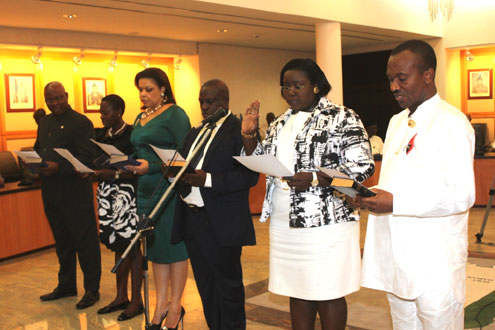 Newly appointed commissioners of the Rivers State Government taking oath of office during their swearing in ceremony held in Government House, Port Harcourt.