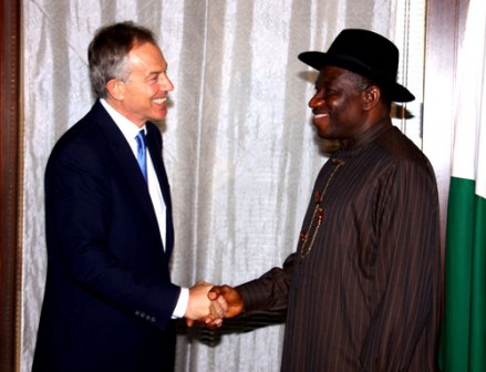 Tony Blair shake hands with Goodluck Jonathan during a visit to Abuja, Nigeria's capital