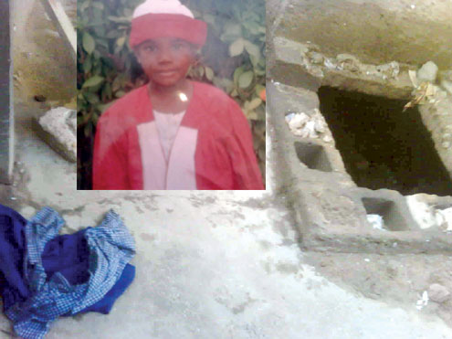 The pit toilet where the boy died. Arrowed, the boyâ€™s uniform in the toilet. Inset: The late Master Lawal Buhari. Right is one of the classrooms…certainly unfit for this century. PHOTOS: SIMON ATEBA