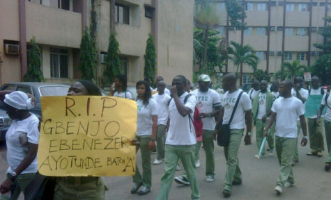 Some of the protesting corps members at the Alausa Secretariat.Photo: Kazeem Ugbodaga