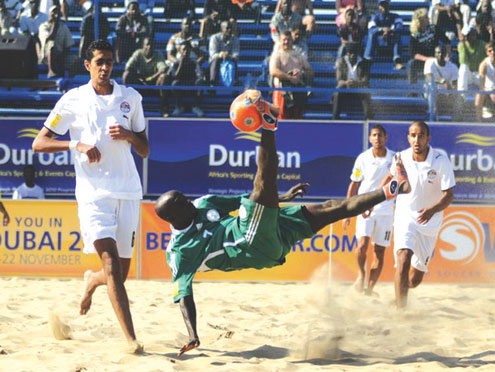 FLASHBACK…Nigeria’s Isiaka Olawale scores a spectacular bicycle kick against Egypt during Beach Soccer World Cup in Durban, South Africa in 2009.