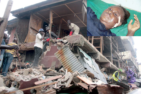 The four-storey building that collapsed early this morning at Idumota, Lagos. Insert: Mrs. Omowumi Tajudeen, a survivor. PHOTOS: IDOWU OGUNLEYE