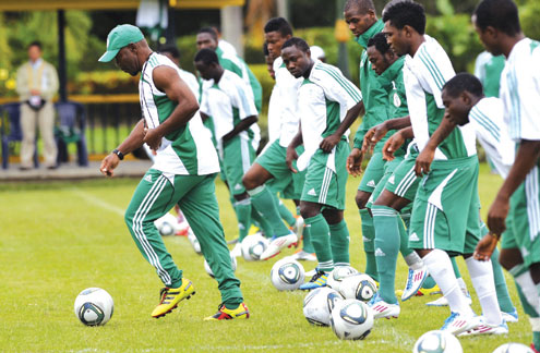TRAINING…Coach of Nigeria’s Flying Eagles, John Obuh (left), in a training session with his team in Armenia ahead of their first match against Guatemala in the FIFA U-20 World Cup in Colombia on Sunday. Photo: AFP.