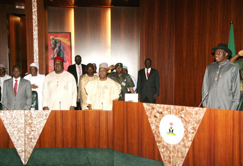 FROM RIGHT, PRESIDENT GOODLUCK JONATHAN, VICE PRESIDENT NAMADI SAMBO, SECRETARY TO THE GOVERNMENT OF THE FEDERATION, ANYIM PIUS ANYIM AND HEAD OF SERVICE, PROF. OLADAPO AFOLABI.