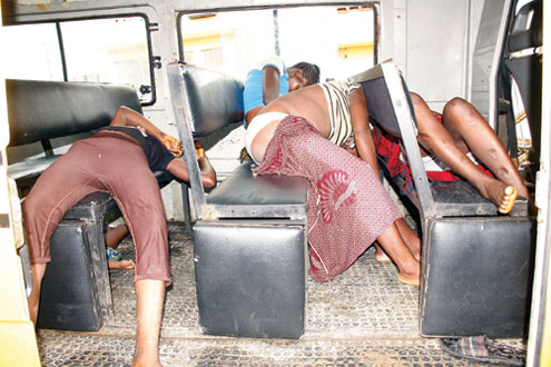 The bodies of five persons found dead in a restaurant at Ikeja after yesterdayâ€™s flood. They were conveyed in a commuter bus to the Ikeja Police Station, this morning. PHOTO: EMMANUEL OSODI.